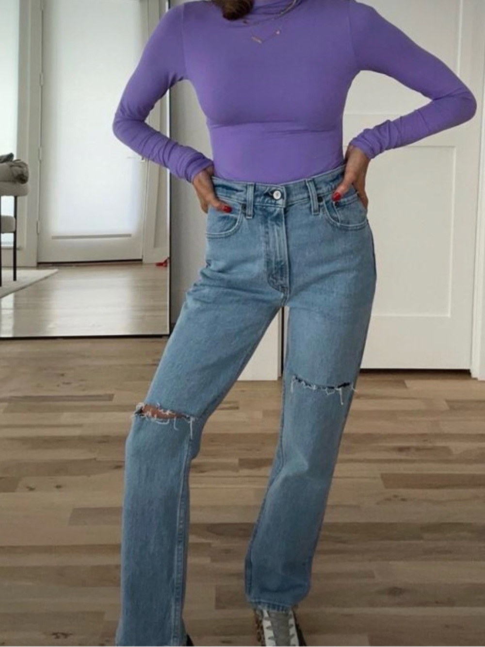 High-Rise Distressed Straight Jeans